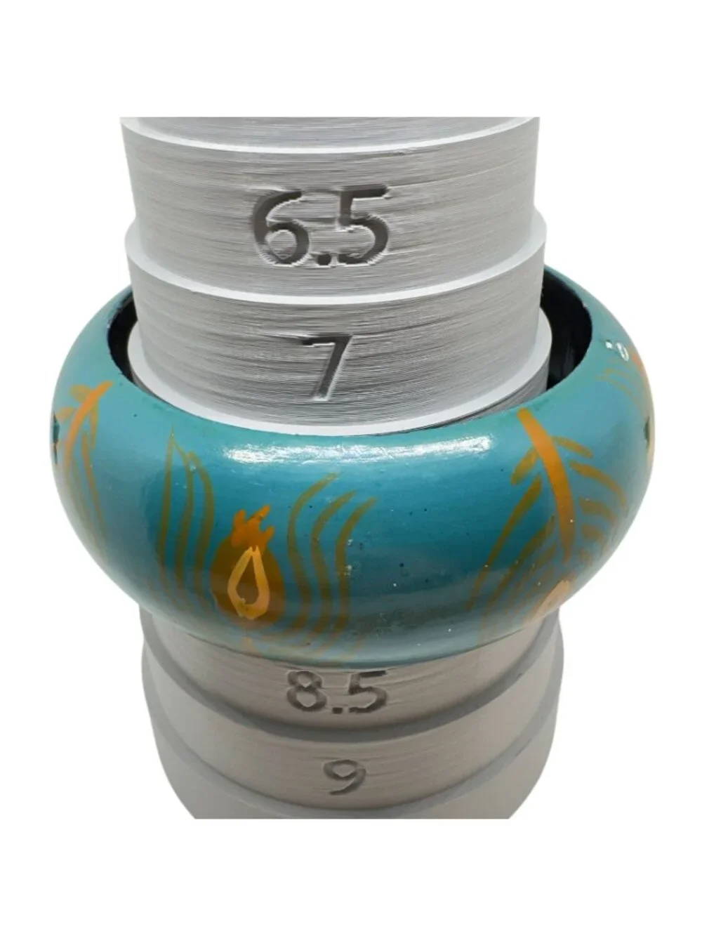 Hand-Painted Blue Wooden Bangle With Orange & Gold Leaf Motifs Size 7